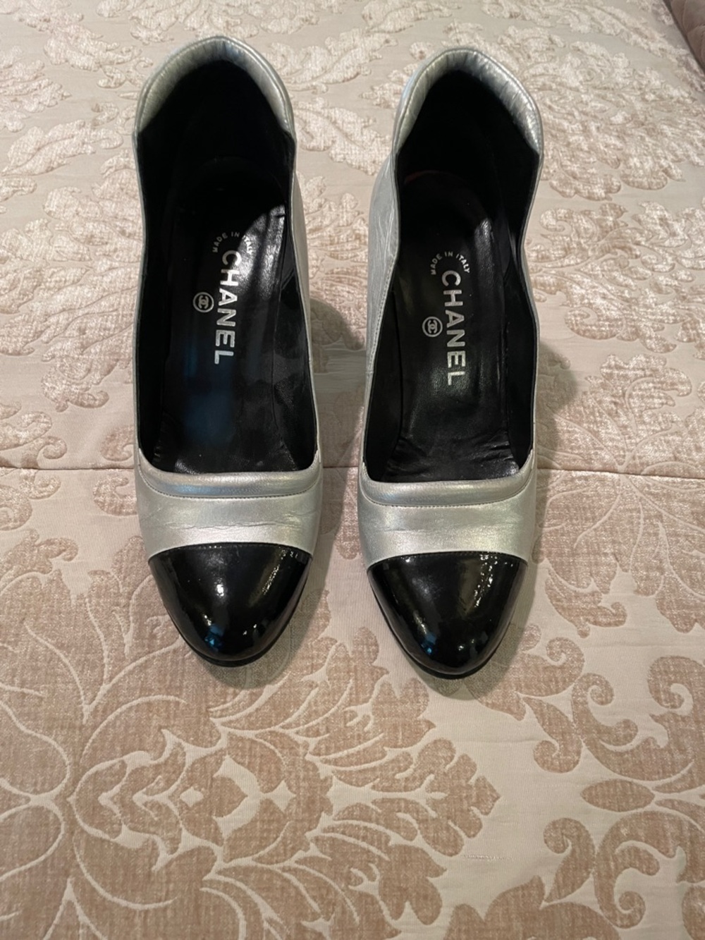 CHANEL Silver Leather Pumps with Black Patent Cap Toe